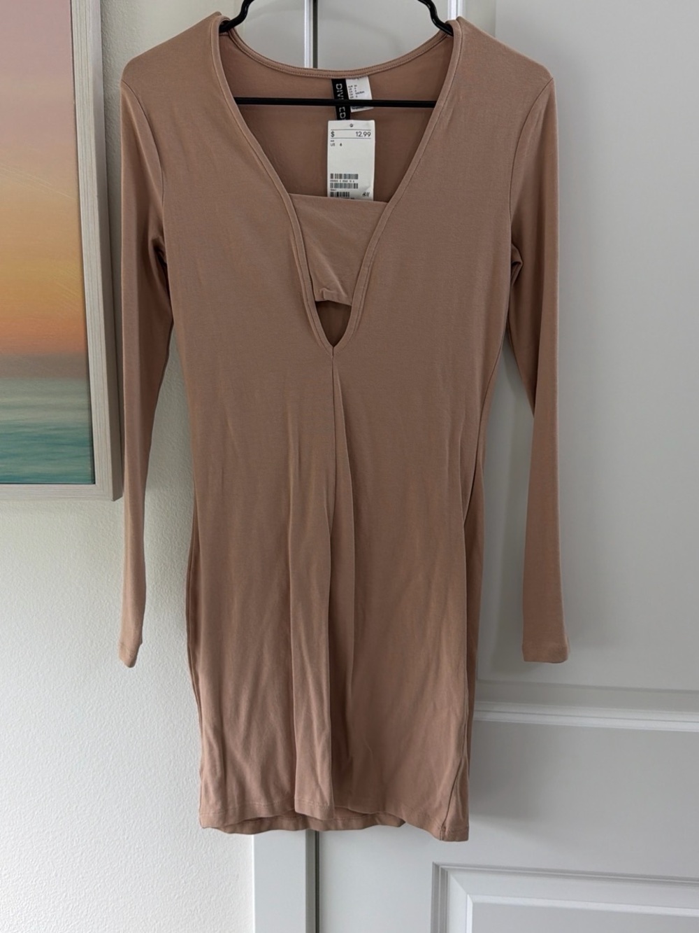 H&M Long Sleeve Mini Dress in Nude Tan